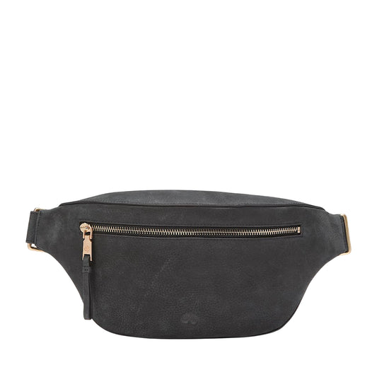Borsa a marsupio in pelle nera con logo inciso frontale