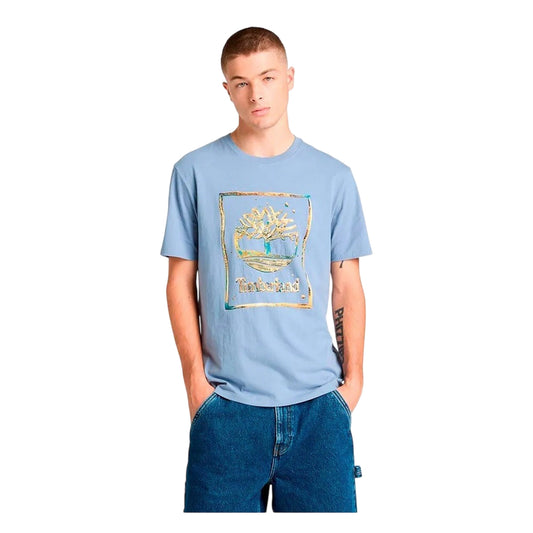 T-shirt da uomo azzurra con logo centrale