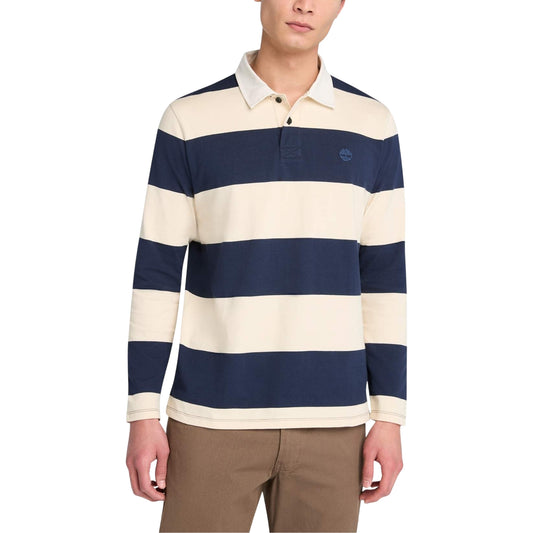 Polo Uomo a maniche lunghe a righe blu/beige modello frontale