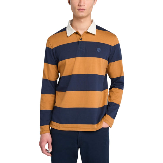 Polo Uomo a maniche lunghe a righe giallo/blu modello frontale