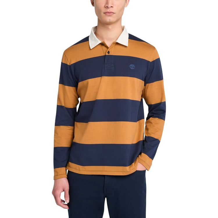 Polo Uomo a maniche lunghe a righe giallo/blu modello frontale