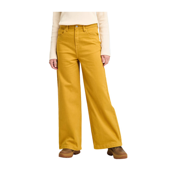 modella frontale con Pantaloni Donna in stile carpentiere giallo