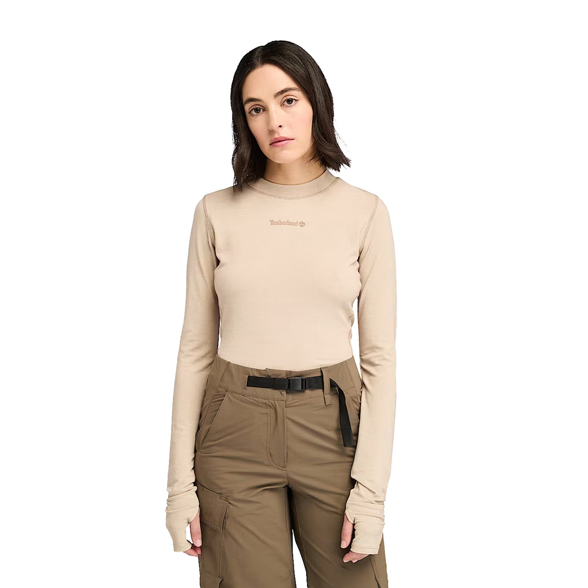 T-shirt Donna Traspirante Pile Polartec beige modella frontale