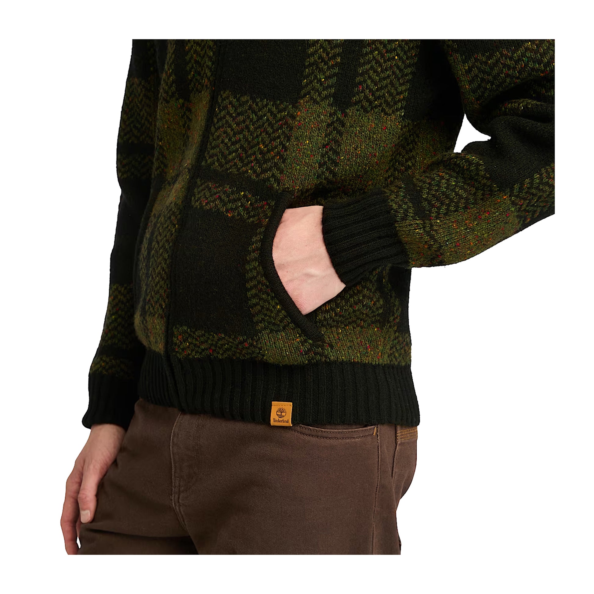 Dettaglio ravvicinato Cardigan Timberland con zip e motivo a quadri