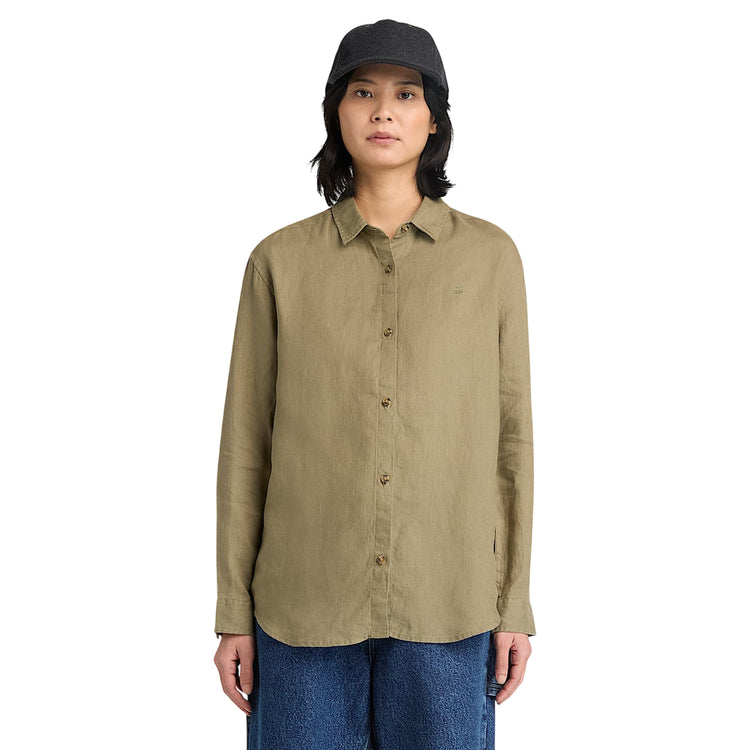 Camicia Donna in lino Verde modella frontale