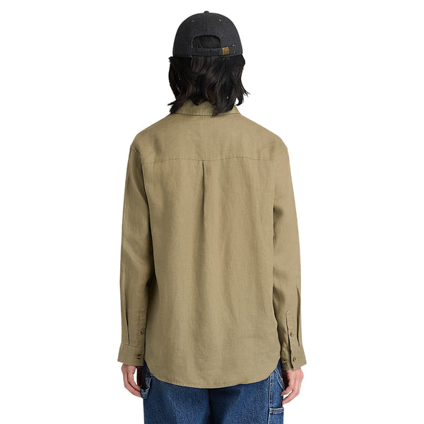 Camicia Donna in lino Verde modella retro