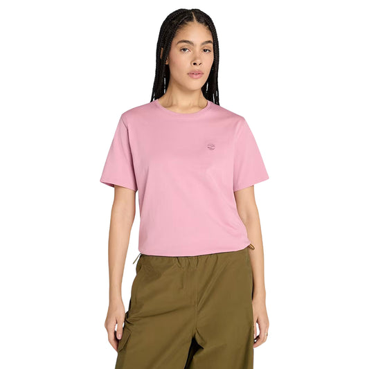 T-shirt Donna Dunstan tinta unita rosa modella frontale