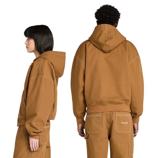 Bomber Unisex in Tela Duck Effetto Lavato Giallo scuro: modella laterale e modello retro