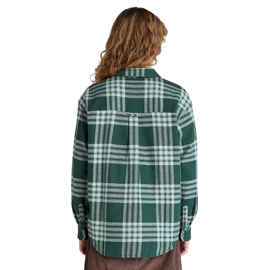 Camicia Donna in flanella con tasca Verde scuro modella retro