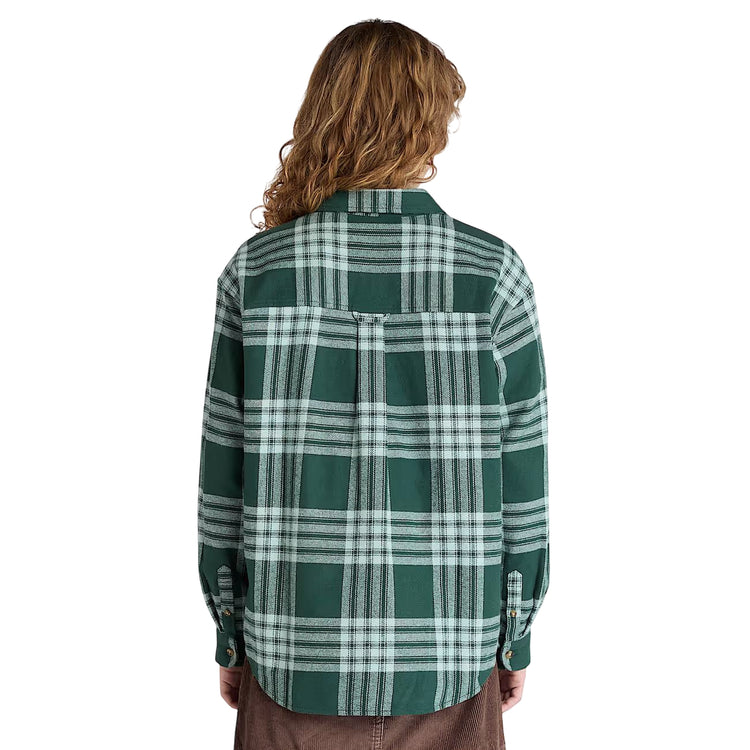 Camicia Donna in flanella con tasca Verde scuro modella retro