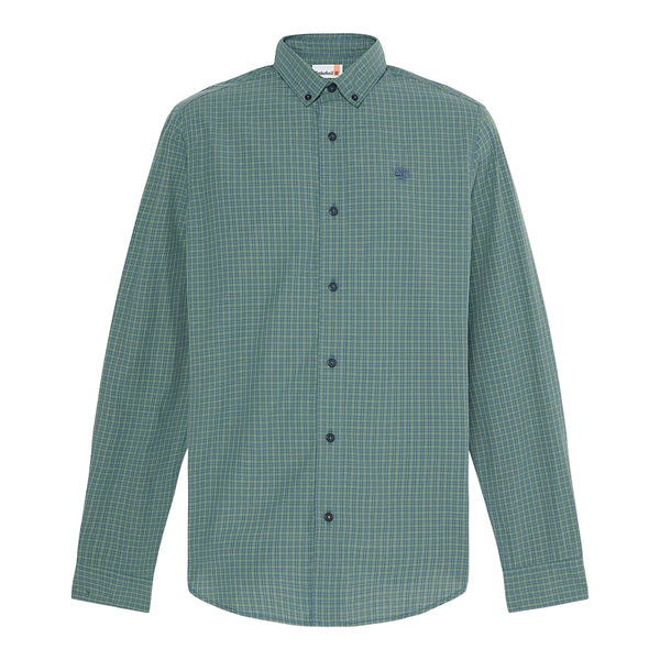 Camicia di cotone a micro quadri in verde scuro con logo ricamato