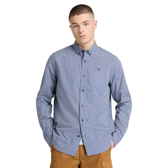 Camicia di cotone con micro quadri  logo ricamato in blu chiaro