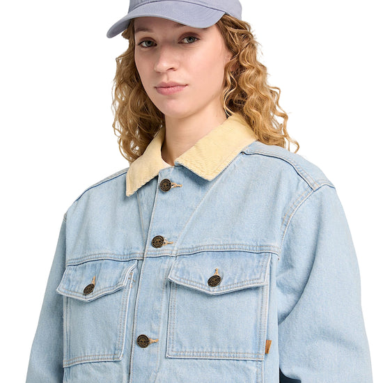 Giacca in denim Unisex con colletto in velluto a coste modella