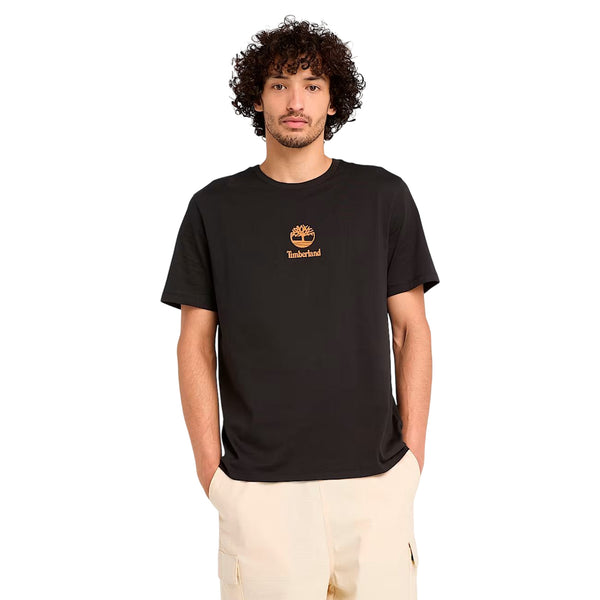 T-shirt Unisex Nera con piccolo logo stampato modello frontale