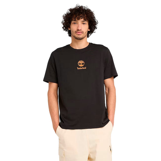 T-shirt Unisex Nera con piccolo logo stampato modello frontale