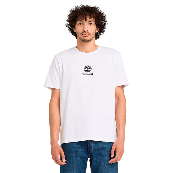 T-shirt Unisex Bianca con piccolo logo stampato modello frontale