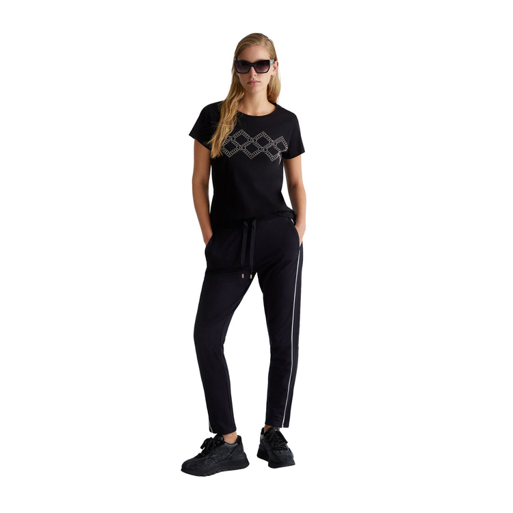 T-shirt Donna con motivo geometrico con strass modella intera frontale