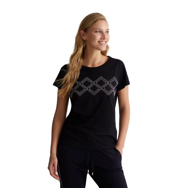 T-shirt Donna con motivo geometrico con strass modella frontale