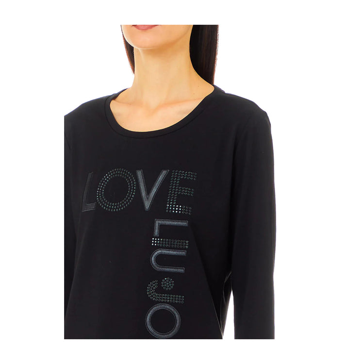 T-shirt Donna con decorazioni lettering nera dettaglio ravvicinato