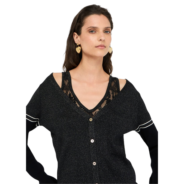 Cardigan Donna lurex a coste con dettagli pizzo modella frontale ravvicinata