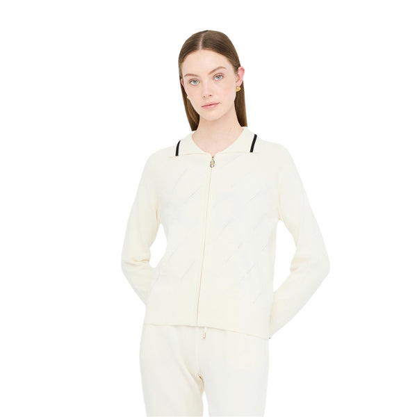 Cardigan Donna con collo a camicia e zip modella frontale