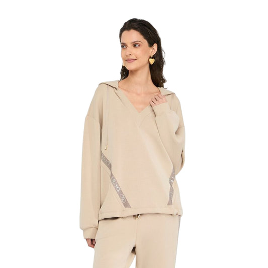 Felpa Donna con scollo a V e cappuccio modella frontale