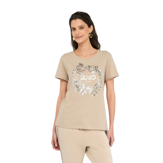 T-shirt Donna con ghirlanda fiori con strass modella frontale