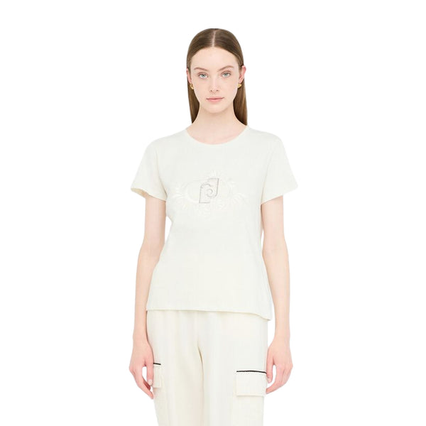 T-shirt Donna con motivo floreale con strass e logo modella frontale