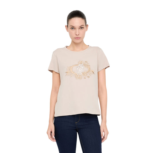 T-shirt Donna con decorazione floreale frontale modella frontale