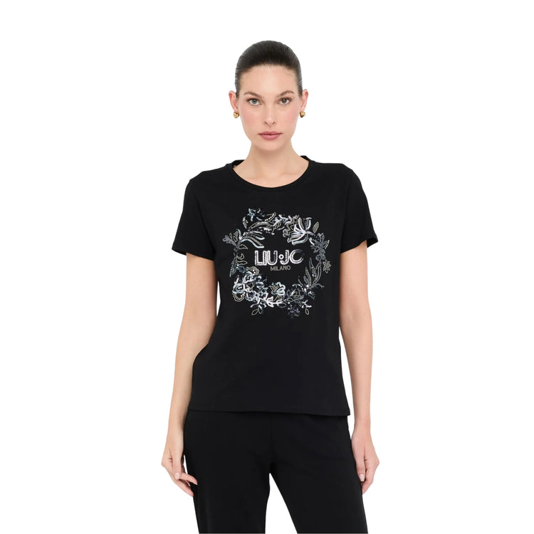 T-shirt Donna in nero con motivo floreale frontale modella frontale