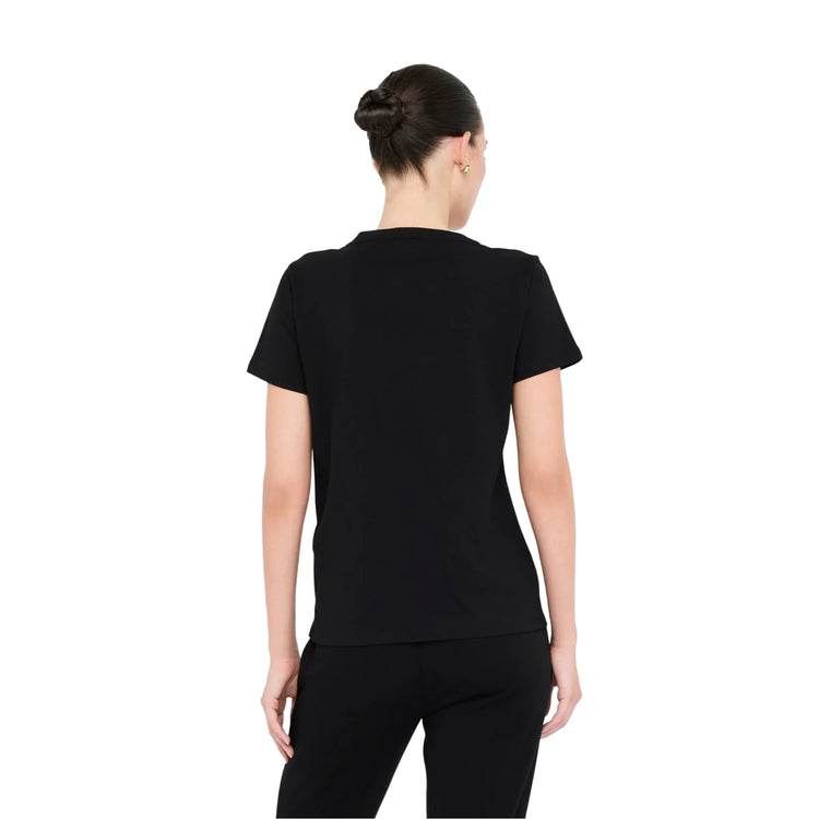 T-shirt Donna in nero con motivo floreale frontale modella retro