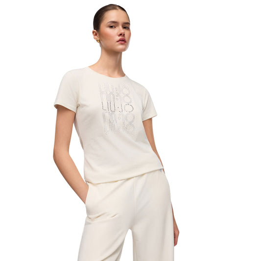 T-shirt bianca Donna con logo luminoso con strass