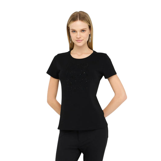 T-shirt Nera Donna con logo luminoso con strass modella frontale