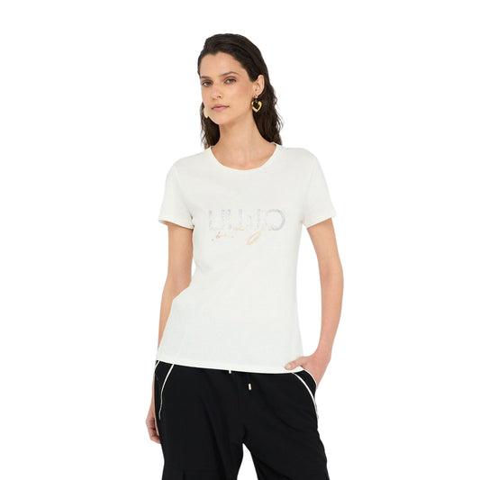 T-shirt Donna in cotone con logo luminoso modella frontale