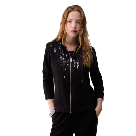 Felpa Donna con zip e paillettes Nero, modella frontale