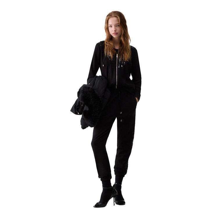 Felpa Donna con zip e paillettes Nero, modella intera frontale