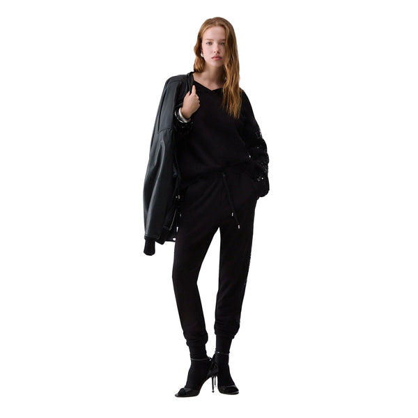 Pantalone in felpa Donna con paillettes Nero modella frontale intera