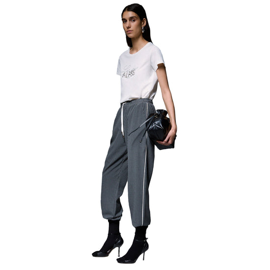 Pantalone gessato Donna con vita elastica, modella laterale