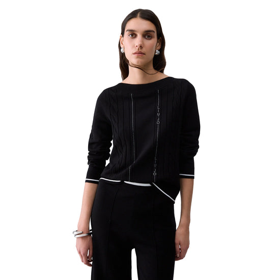 Maglia nera Donna con profili a contrasto modella frontale