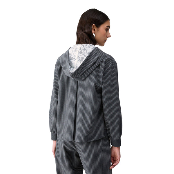 Felpa Donna gessata con cappuccio in pizzo, modella retro