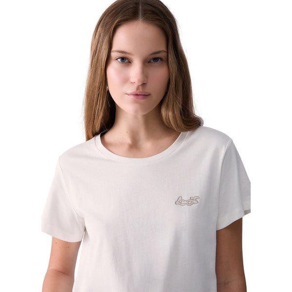 T-shirt bianca Donna con mini logo modella frontale ravvicinata