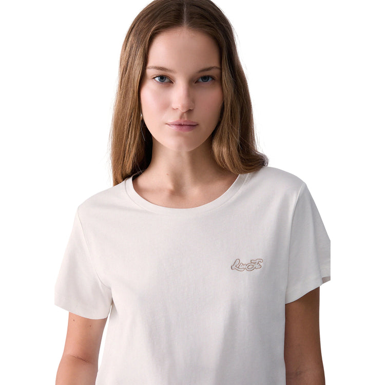 T-shirt bianca Donna con mini logo modella frontale ravvicinata