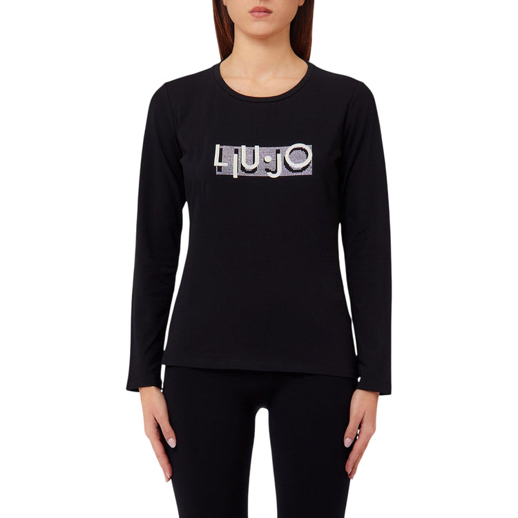 T-shirt Donna con logo con strass Nero