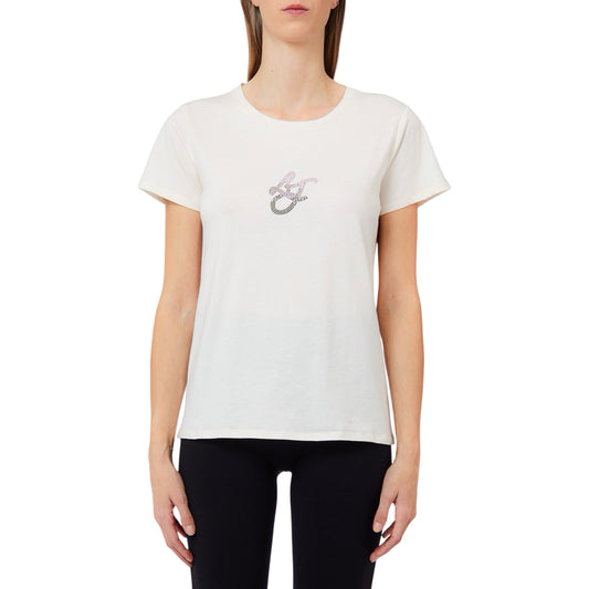 T-shirt Bianca Donna con logo strass, modella frontale