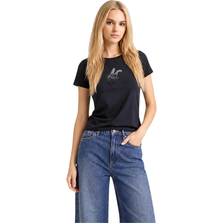 T-shirt Donna con logo strass Nero modella frontale