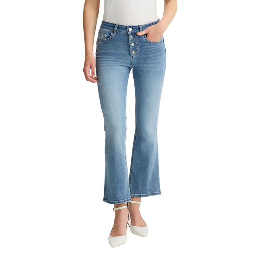 Jeans bootcut da donna a vita alta modella frontale
