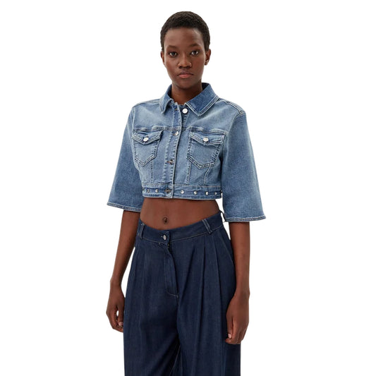 Giacca denim Donna con maniche 3/4 e orlo con usura