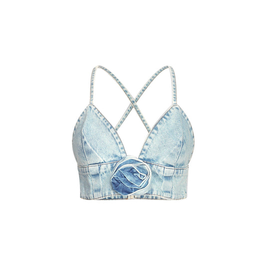 Top Donna in denim con rosa applicata