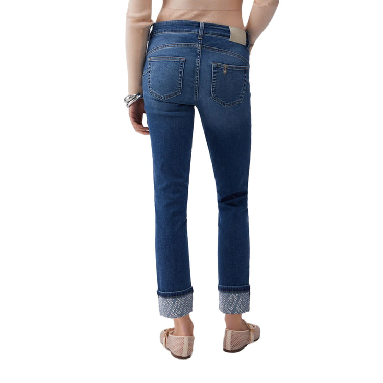 Jeans skinny Donna con risvolti con strass modella retro