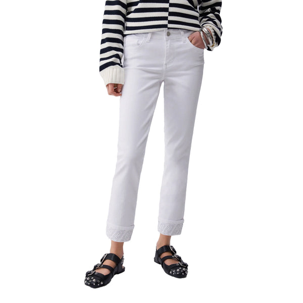 Pantaloni skinny Donna con risvolto e strass Bianco modella frontale